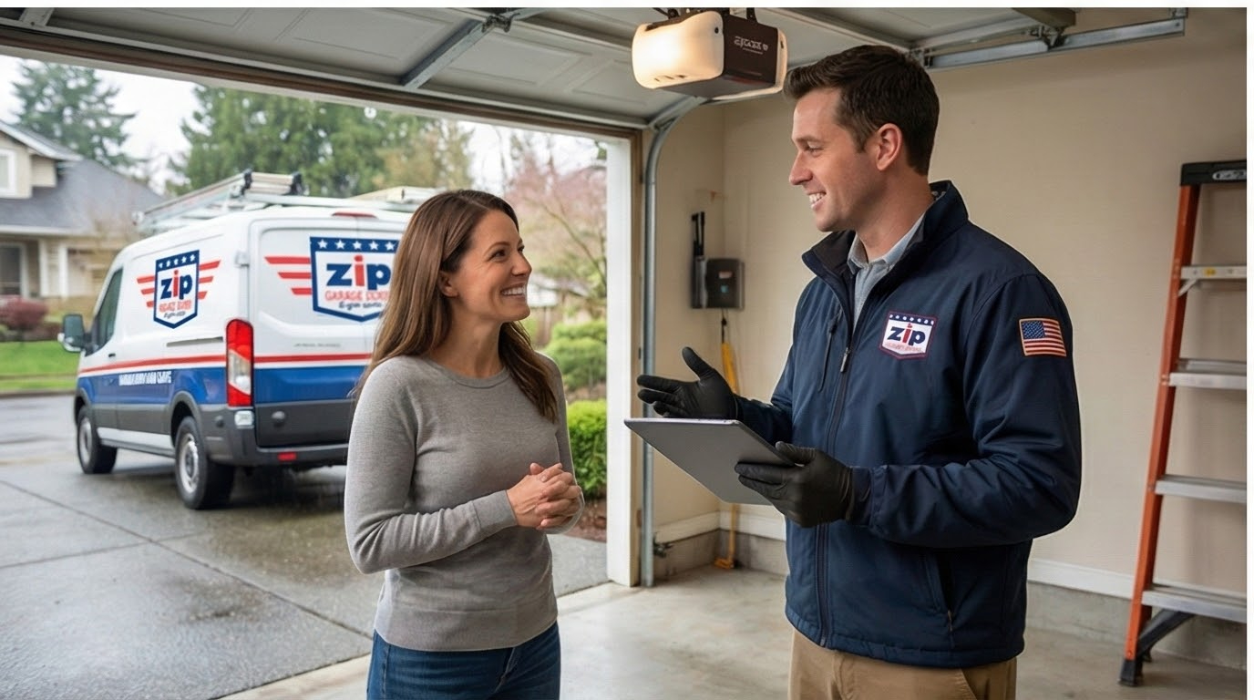 Garage Door Technician Consulting with Homeowner.jpg in Everett, WA